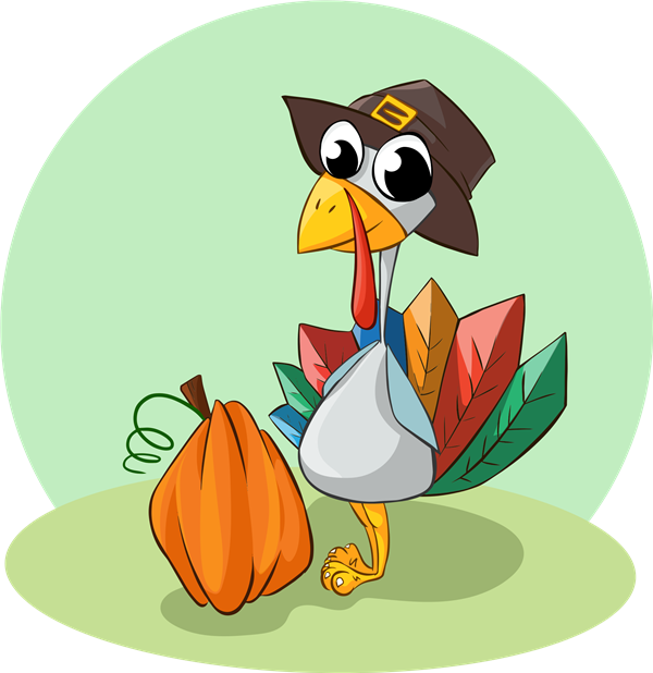  A cartoon turkey dressed sort of like a pilgrim, standing next to a pumpkin